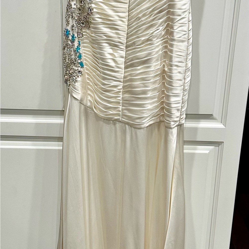 Sherri Hill Elegant White Pageant Gown w/ Large Blue & Clear Rhinestones - Picture 8 of 17